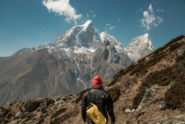 person standing in front of mountain