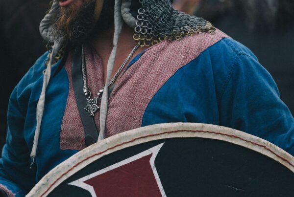 A viking warrior in chainmail and tunic holding a shield
